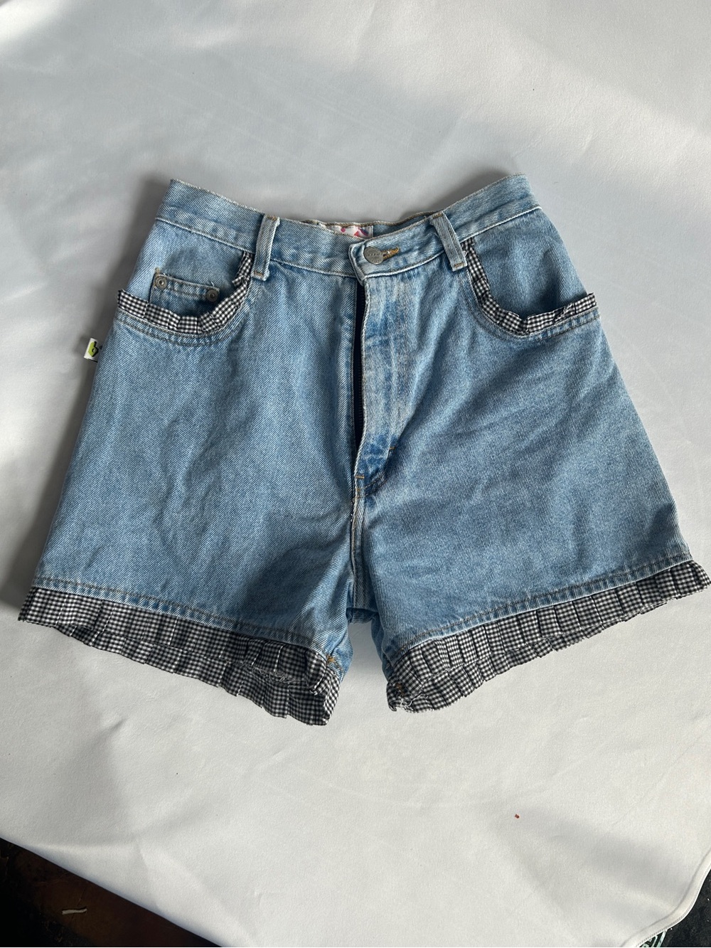 100% cotton Light Wash Denim Shorts with Black Gingham ruffle Trim
